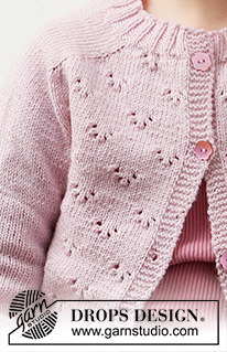 Pink Peony Cardigan / DROPS Baby & Children 38-22 - Gilet enfant tricoté de haut en bas en DROPS BabyMerino, avec point ajouré manches marteau et courtes. Du 3 au 14 ans.