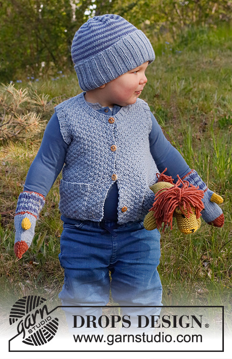 Neighbourhood Round / DROPS Baby & Children 38-6 - Knitted vest for baby and kids in DROPS Merino Extra Fine. Piece is knitted with V- neck and double moss stitch. Size 6 month - 8 years