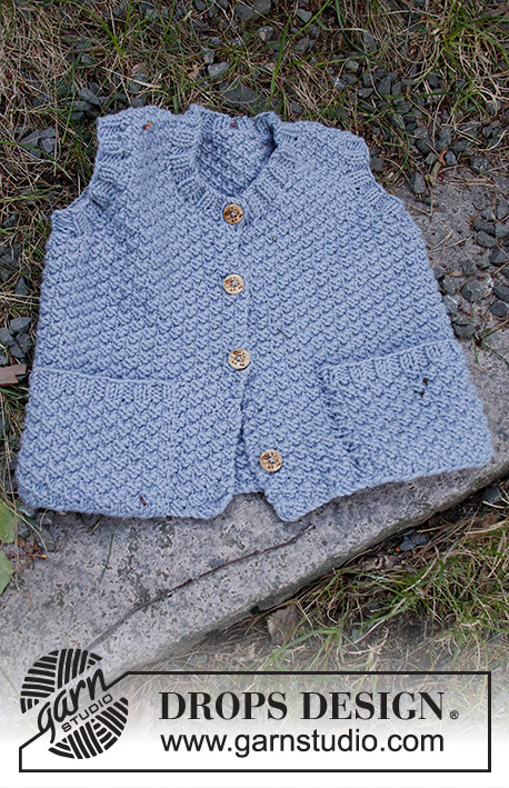 Neighbourhood Round / DROPS Baby & Children 38-6 - Knitted vest for baby and kids in DROPS Merino Extra Fine. Piece is knitted with V- neck and double moss stitch. Size 6 month - 8 years