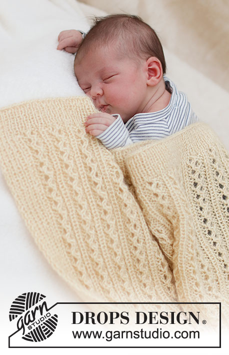 Honey Honey / DROPS Baby & Children 39-4 - Vauvan neulottu peitto DROPS BabyMerino- ja DROPS Kid-Silk -langoista. Työssä on pitsineuletta. Teema: Vauvanpeitto