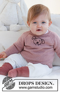 Woof Woof Sweater / DROPS Baby 42-1 - Dětský a baby raglánový pulovr s vyšitým pejskem pletený shora dolů z příze DROPS BabyMerino. Velikost 0 - 4 roky.