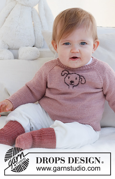 Woof Woof Sweater / DROPS Baby 42-1 - Dětský a baby raglánový pulovr s vyšitým pejskem pletený shora dolů z příze DROPS BabyMerino. Velikost 0 - 4 roky.