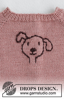 Woof Woof Sweater / DROPS Baby 42-1 - Dětský a baby raglánový pulovr s vyšitým pejskem pletený shora dolů z příze DROPS BabyMerino. Velikost 0 - 4 roky.
