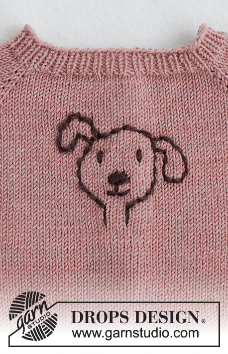 Woof Woof Sweater / DROPS Baby 42-1 - Dětský a baby raglánový pulovr s vyšitým pejskem pletený shora dolů z příze DROPS BabyMerino. Velikost 0 - 4 roky.
