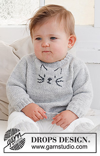 Meow Meow Sweater / DROPS Baby 42-2 - Strikket bluse til baby og børn i DROPS Alpaca. Arbejdet strikkes oppefra og ned med raglan og en broderet kat. Størrelse 0 - 4 år.