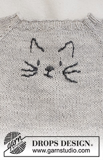 Meow Meow Sweater / DROPS Baby 42-2 - Strikket bluse til baby og børn i DROPS Alpaca. Arbejdet strikkes oppefra og ned med raglan og en broderet kat. Størrelse 0 - 4 år.