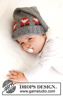 Merry Santas Hat / DROPS Baby 42-22 - Knitted hat for baby in DROPS Air. The piece is worked with Santas and a pom pom. Sizes 0 - 2 years. Theme: Christmas.