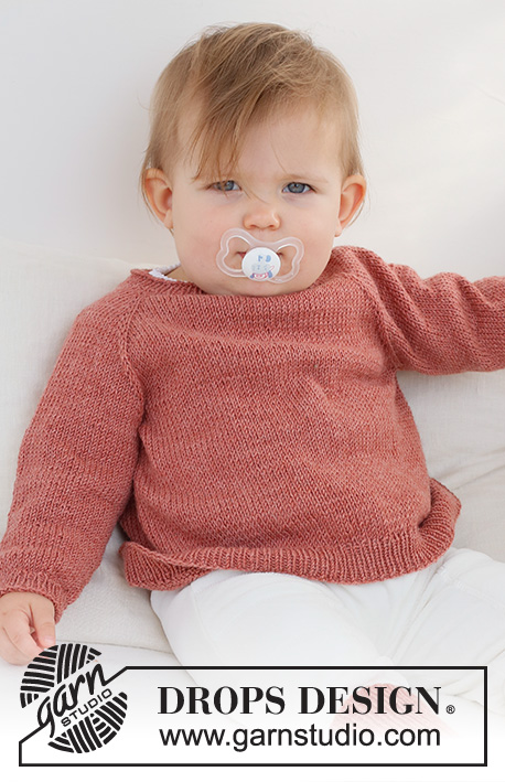 Rosy Cheeks Sweater / DROPS Baby 42-3 - Stickad tröja till baby och barn i DROPS Safran. Arbetet stickas uppifrån och ner med raglan. Storlek 0 - 4 år.