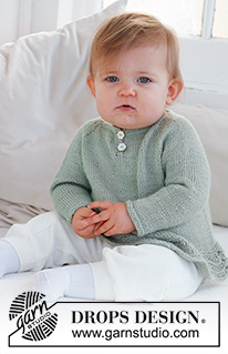 Little Pea / DROPS Baby 42-8 - Niemowlęcy i dziecięcy sweter na drutach, przerabiany od góry do dołu, z reglanowymi rękawami i wzorem fal, z włóczki DROPS Safran. Od 0 do 6 lat.