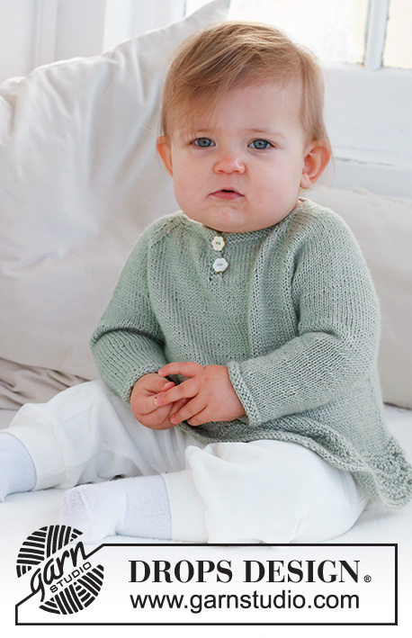 Little Pea / DROPS Baby 42-8 - Niemowlęcy i dziecięcy sweter na drutach, przerabiany od góry do dołu, z reglanowymi rękawami i wzorem fal, z włóczki DROPS Safran. Od 0 do 6 lat.