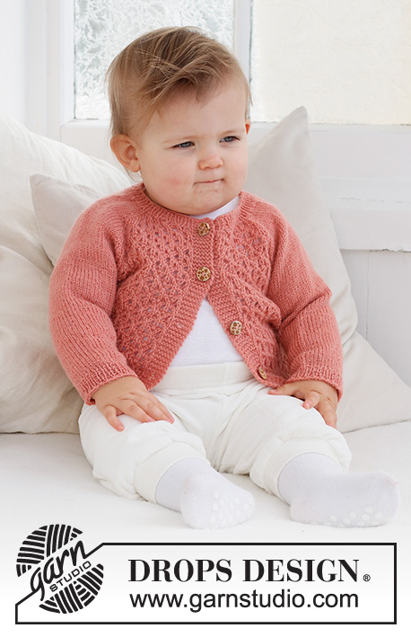 Cotswolds Cardigan / DROPS Baby 43-2 - Knitted jacket for baby in DROPS Flora. The piece is worked top down, with raglan and lace pattern. Sizes 0 – 2 years.