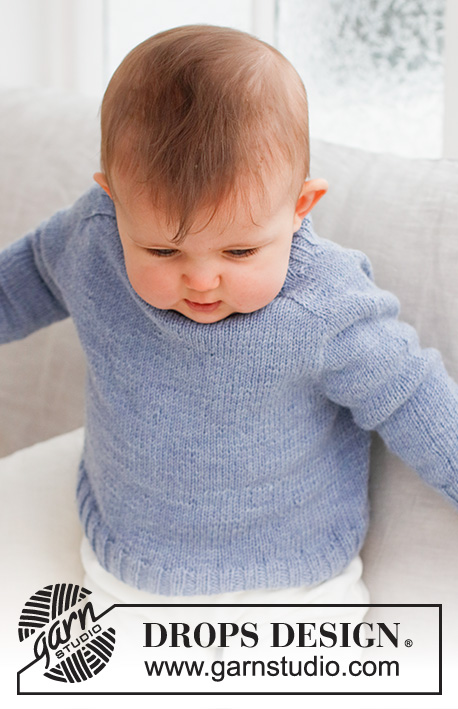 Blue Pebbles / DROPS Baby 43-4 - Sweter na drutach dla niemowląt i małych dzieci, przerabiany od góry do dołu, z rękawami typu saddle shoulder, z włóczki DROPS BabyMerino. Od rozmiaru wcześniak do 2 lat.