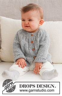 Sweet Gleam Cardigan / DROPS Baby 43-6 - Knitted jacket for baby in DROPS Sky. The piece is worked top down, with round yoke and ribbing on the yoke. Sizes: Premature to 2 years.