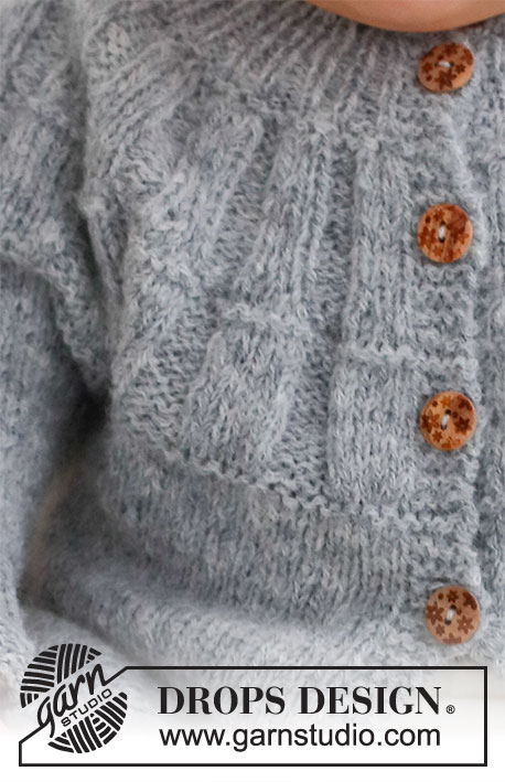 Sweet Gleam Cardigan / DROPS Baby 43-6 - Knitted jacket for baby in DROPS Sky. The piece is worked top down, with round yoke and ribbing on the yoke. Sizes: Premature to 2 years.