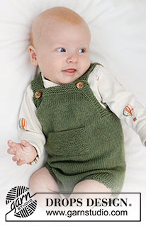 Little Fern Romper / DROPS Baby 45-10 - Tutina lavorata ai ferri per bambini in DROPS BabyMerino. Lavorata dall’alto in basso a maglia rasata e maglia legaccio. Taglie: 0-4 anni.