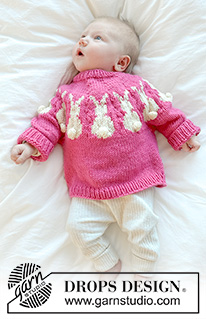 Bunny Bloom / DROPS Baby 45-24 - Maglione per bambini lavorato ai ferri in DROPS Daisy. Lavorato dall’alto in basso con sprone rotondo, motivo multicolore e coniglietto di Pasqua. Taglie: 0/1 mese – 3/4 anni. Tema: Pasqua.