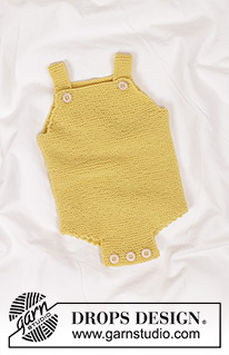 Bumblebee Romper / DROPS Baby 45-3 - Knitted romper for baby in DROPS BabyMerino. The piece is worked top down in garter stitch. Sizes 0 - 4 years.