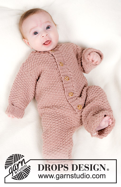 Lili Rose / DROPS Baby 45-5 - Dětský overal pletený perličkovým vzorem shora dolů z příze DROPS BabyMerino. Velikost 0 až 4 let.
