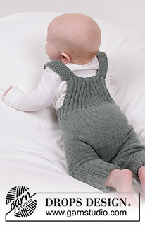 Good Times Overall / DROPS Baby 45-7 - Knitted pants with straps for baby in DROPS Merino Extra Fine. Piece knitted top down with rib. Size 0 - 4 years