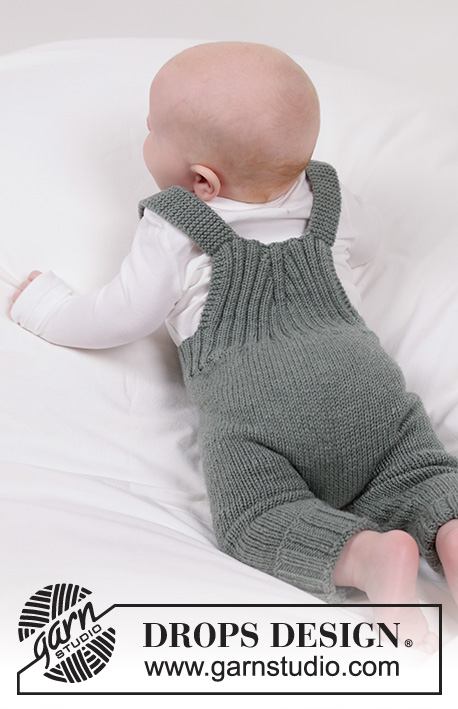 Good Times Overall / DROPS Baby 45-7 - Knitted pants with straps for baby in DROPS Merino Extra Fine. Piece knitted top down with rib. Size 0 - 4 years