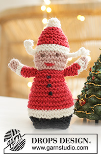 Hello Santa / DROPS Baby 46-21 - Gebreide kerstmannen voor baby’s en kinderen in DROPS Merino Extra Fine. De delen worden van onder naar boven gebreid, met ribbelsteek en geborduurde gezichten.