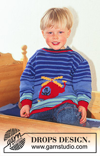 Little Pilot / DROPS Baby 5-17 - Strikket genser til baby og barn i DROPS Muskat. Arbeidet strikkes med striper og flerfarget mønster med helikopter. Størrelse 0 - 6 år.
