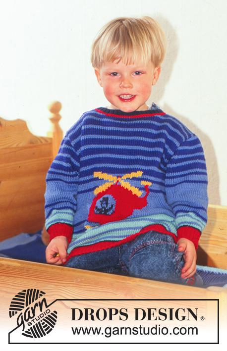 Little Pilot / DROPS Baby 5-17 - Strikket genser til baby og barn i DROPS Muskat. Arbeidet strikkes med striper og flerfarget mønster med helikopter. Størrelse 0 - 6 år.