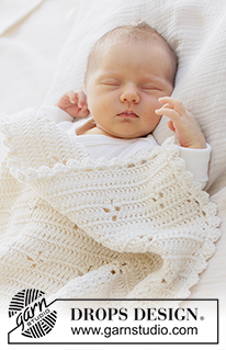 Feather Bloom Blanket / DROPS Baby 51-4 - Horgolt takaró babáknak, DROPS Cotton Merino fonalból. A darabot oda-vissza haladva készítjük erp-kal és csipkemintával.