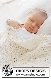 Feather Bloom Blanket / DROPS Baby 51-4 - Horgolt takaró babáknak, DROPS Cotton Merino fonalból. A darabot oda-vissza haladva készítjük erp-kal és csipkemintával.