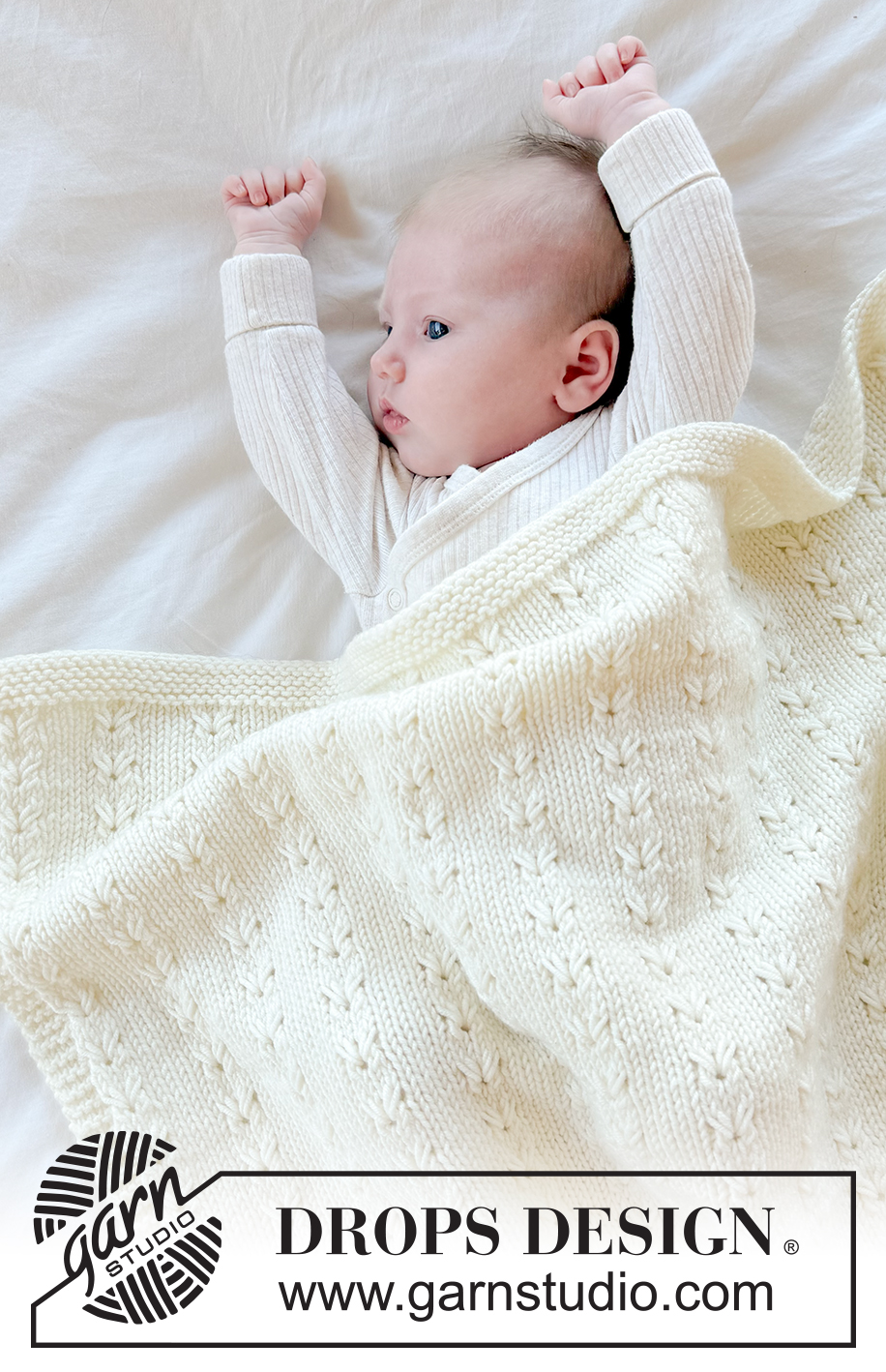 Snuggle Mist Blanket / DROPS Baby 51-8 - Kötött takaró babáknak, DROPS Merino Extra Fine fonalból. A darabot oda-vissza haladva készítjük, lustakötéssel és csipkemintával.