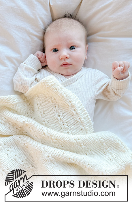 Snuggle Mist Blanket / DROPS Baby 51-8 - Kötött takaró babáknak, DROPS Merino Extra Fine fonalból. A darabot oda-vissza haladva készítjük, lustakötéssel és csipkemintával.