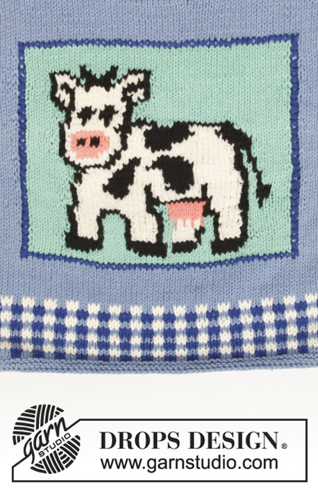 Moo / DROPS Baby 6-24 - Strikket genser til baby og barn i DROPS Muskat. Arbeidet strikkes med striper, ruter og mønster med ku. Størrelse 0 - 6 år.