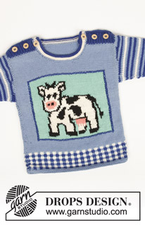 Moo / DROPS Baby 6-24 - Strikket genser til baby og barn i DROPS Muskat. Arbeidet strikkes med striper, ruter og mønster med ku. Størrelse 0 - 6 år.