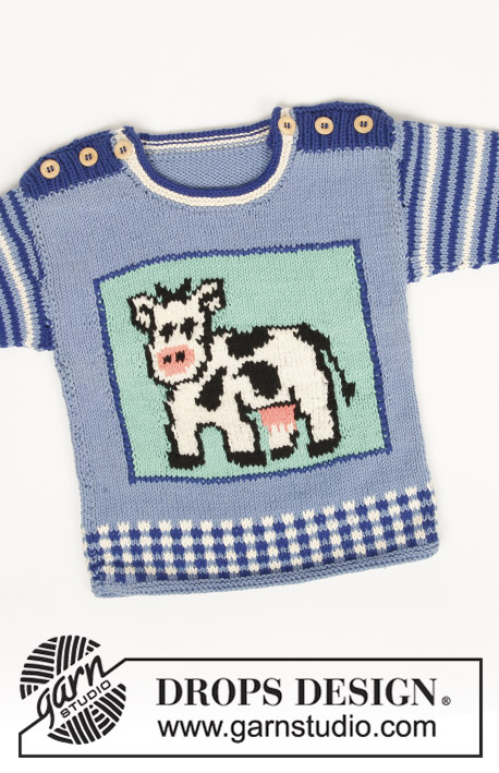 Moo / DROPS Baby 6-24 - Strikket genser til baby og barn i DROPS Muskat. Arbeidet strikkes med striper, ruter og mønster med ku. Størrelse 0 - 6 år.