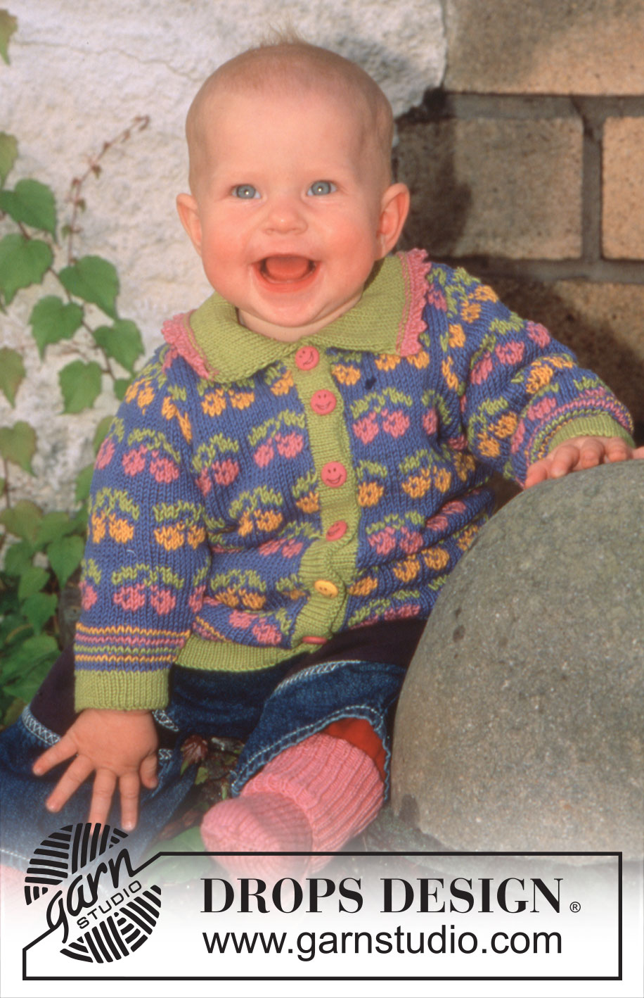 Fruity Little Number / DROPS Baby 6-9 - DROPS Baby’s knitted jacket in Safran with cherries.