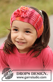 Posie / DROPS Children 22-12 - Ribbstickat pannband i DROPS Fabel med virkade blommor. Till barn stl 3 till 12 år