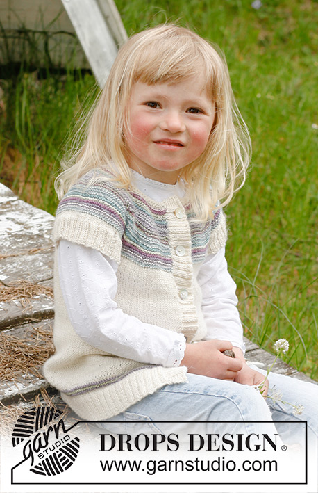 Dear Prudence / DROPS Children 23-10 - DROPS BabyAplaca Silk lõngast kootud ümara passega ja Norra mustriga laste kampsun. Suurus 3 kuni 12 aastat.