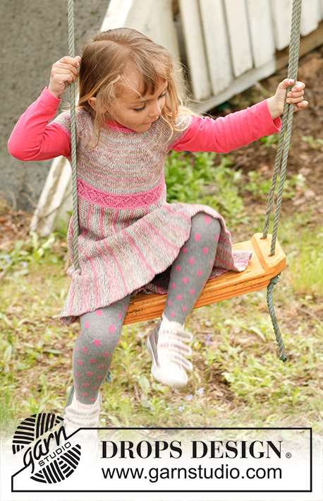 Twirly Girlie / DROPS Children 23-2 - Kjole strikket fra side til side med forkortede pinde i retstrik og rundt bærestykke i DROPS Fabel til børn str 3 til 12 år