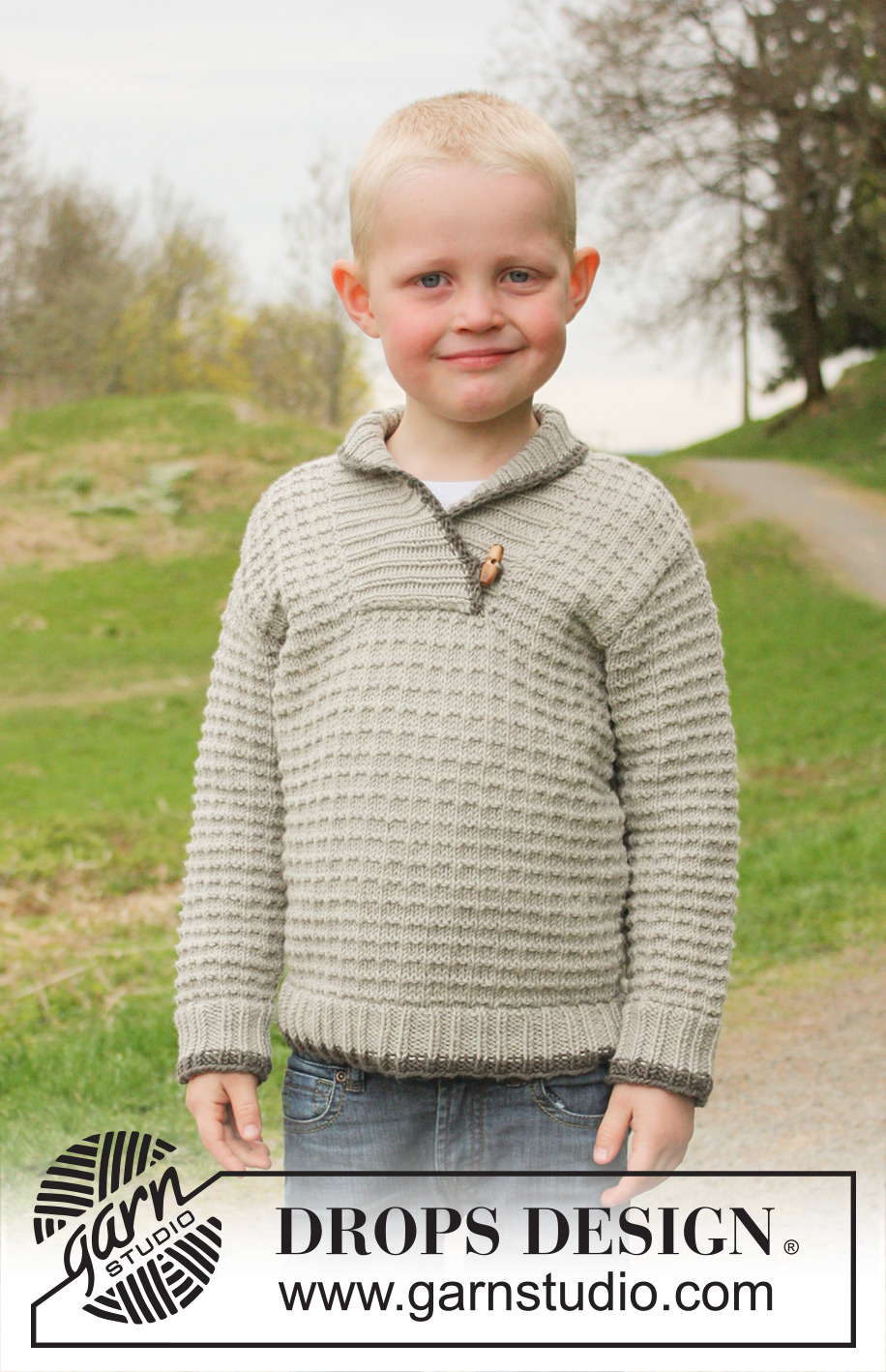Jonathan / DROPS Children 23-28 - Knitted jumper with textured pattern and shawl collar in DROPS Nepal. Size children 3 to 12 years.