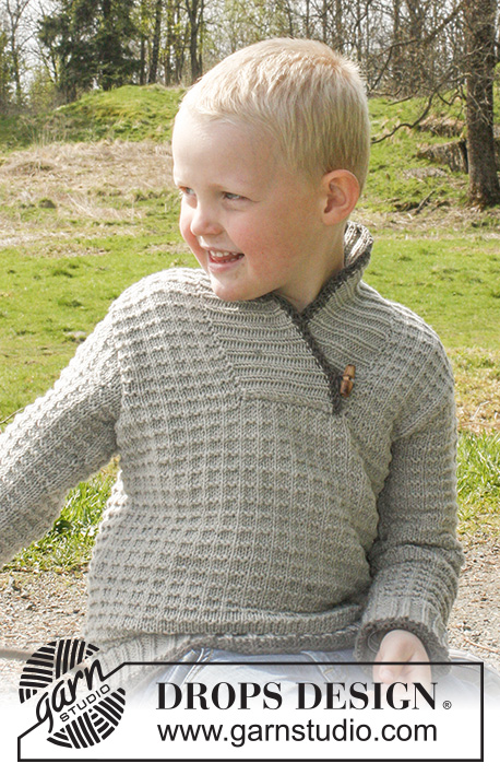 Jonathan / DROPS Children 23-28 - Knitted jumper with textured pattern and shawl collar in DROPS Nepal. Size children 3 to 12 years.