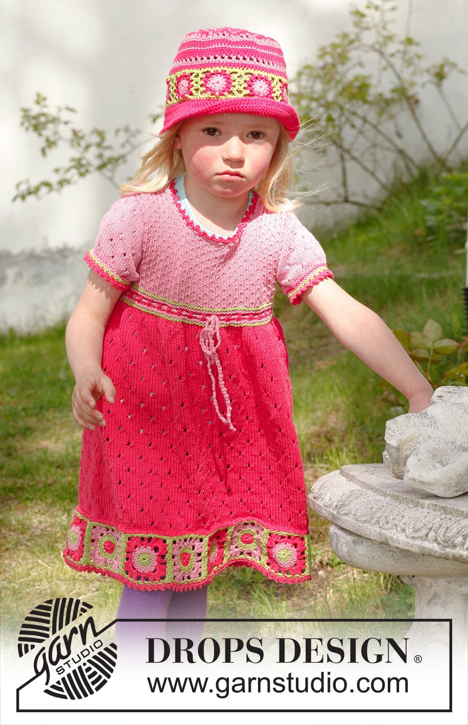 Sweet berry dress / DROPS Children 23-49 - Strikket kjole med korte ermer og heklede bestemorsruter i DROPS Safran. Til barn i størrelse 3 til 12 år