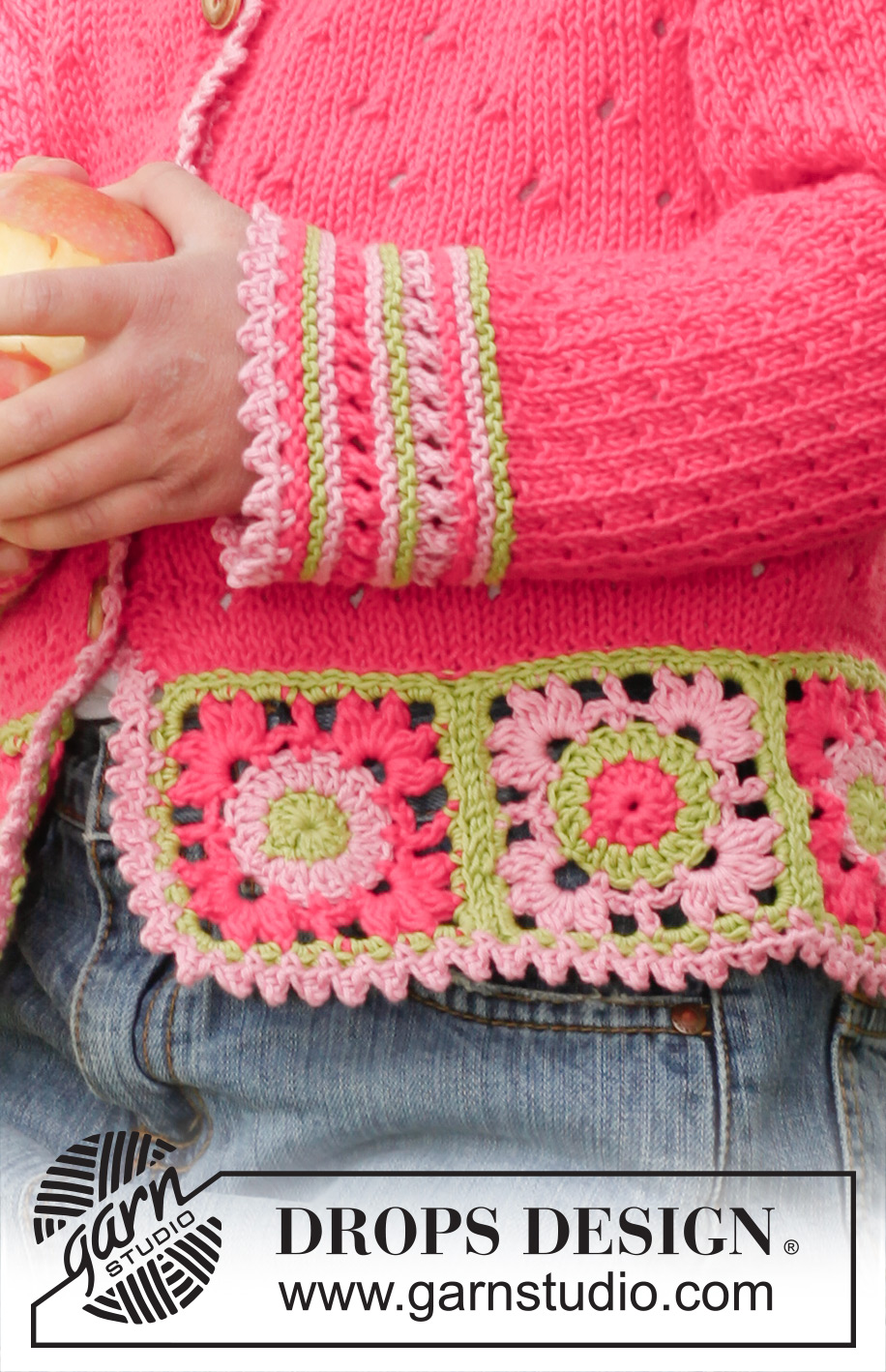 Sweet berry cardigan / DROPS Children 23-50 - Lapsen neulottu jakku DROPS Safran-langasta. Työssä on virkattuja isoäidinneliöitä. Koot 3-12 vuotta.