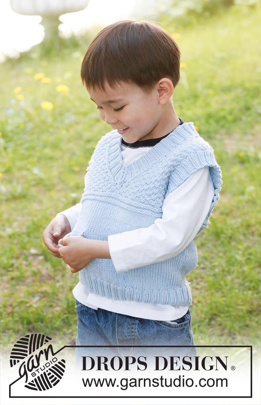 Paul / DROPS Children 23-8 - Knitted vest with V-neck and double seed st in DROPS Lima. Size children 3 to 12 years.