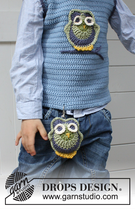 Merlin / DROPS Children 24-11 - Crochet vest / slipover with owl in DROPS Merino Extra Fine. Size children 3 - 12 years.