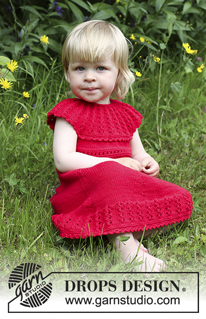 Little Hedda / DROPS Children 26-14 - Knitted dress with lace edge and round yoke plus hair bow in garter st in DROPS Cotton Merino. For baby and children in sizes 1 month - 6 years.