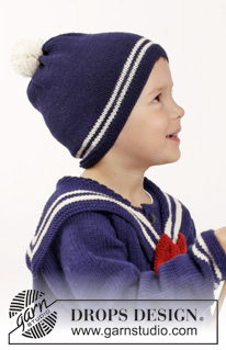 Sailor Aksel / DROPS Children 26-7 - Chaqueta de punto con raglán, cuello marinero y pajarita, calcetines y gorro con pompón en DROPS Merino Extra Fine.  Talla niños 2-10 años