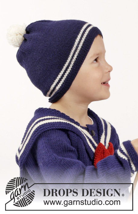 Sailor Aksel / DROPS Children 26-7 - Chaqueta de punto con raglán, cuello marinero y pajarita, calcetines y gorro con pompón en DROPS Merino Extra Fine.  Talla niños 2-10 años