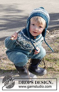 Wild Blueberries / DROPS Children 27-1 - Set of knitted overall worked top down with Nordic pattern and round yoke, plus hat with ear flaps and pompom in DROPS Karisma. Size children 1 - 6 years