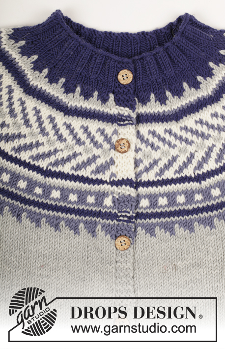 Little Adventure Jacket / DROPS Children 27-31 - Gilet tricoté de haut en bas, avec empiècement arrondi et jacquard, en DROPS Merino Extra Fine. Pour enfant, Du 3 au 12 ans