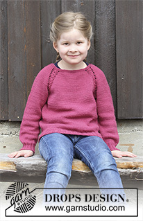 Cherry Cuddler / DROPS Children 30-14 - Gestrickter Pullover mit Raglanärmeln und Zopfmuster für Kinder, gestrickt von oben nach unten. Größe 2 - 12 Jahre. Die Arbeit wird gestrickt in DROPS Merino Extra Fine.